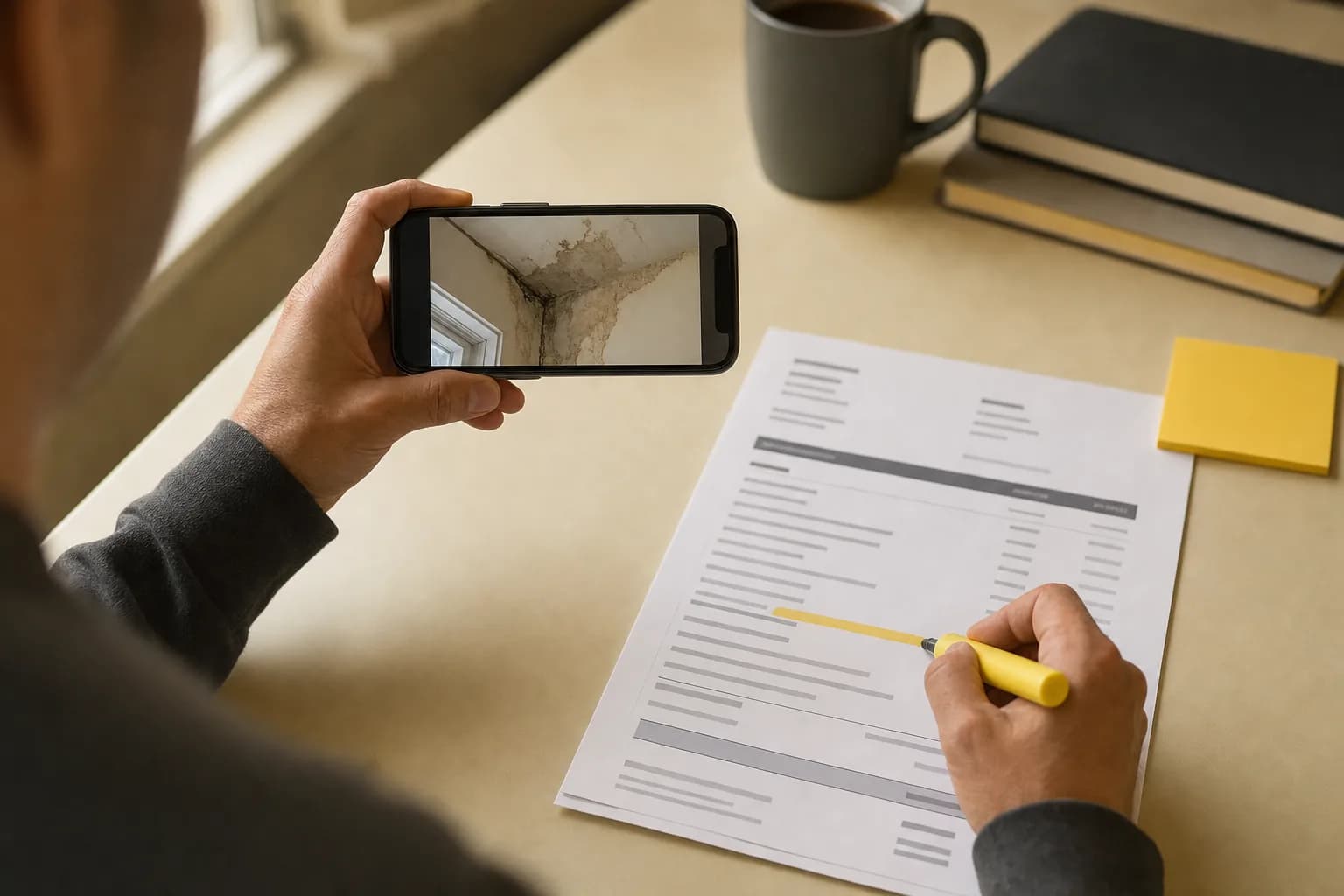 A property-damage photograph clipped to a repair estimate with a flagged line in a claims file.