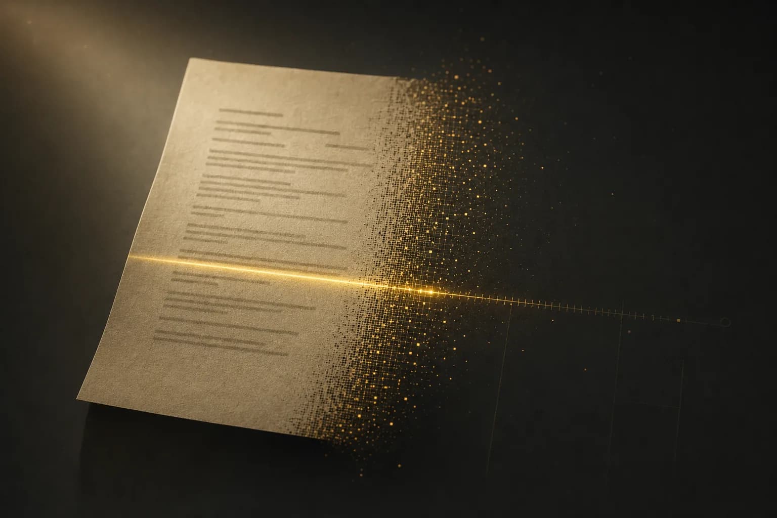 A document passing through a thin golden scan-beam of light, being verified.
