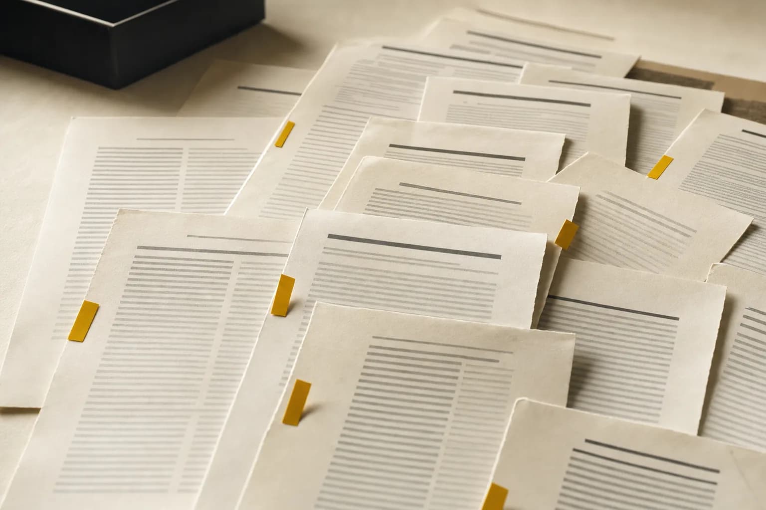 Dozens of overlapping documents fanned across a desk, several flagged: real and AI-altered paperwork, indistinguishable by eye.