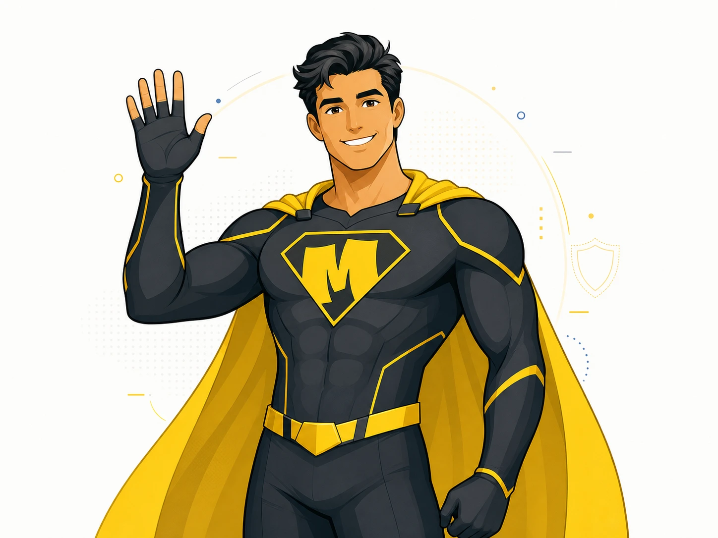 Friendly Mighty superhero waving before developer integration paths